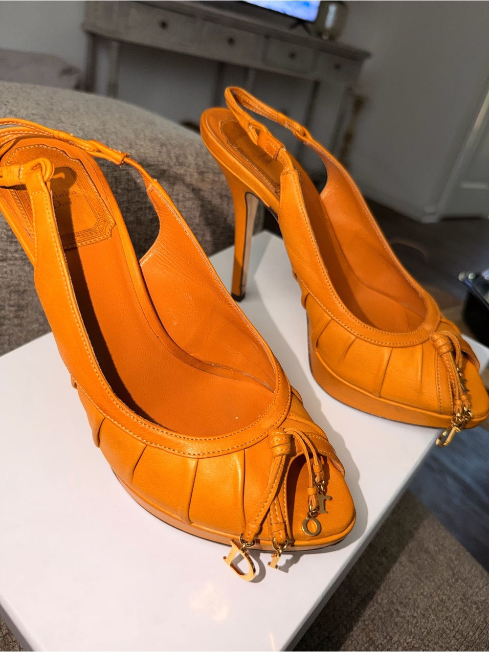 Dior Orange Leather Slingback Peep-Toe Heels with Front Knot